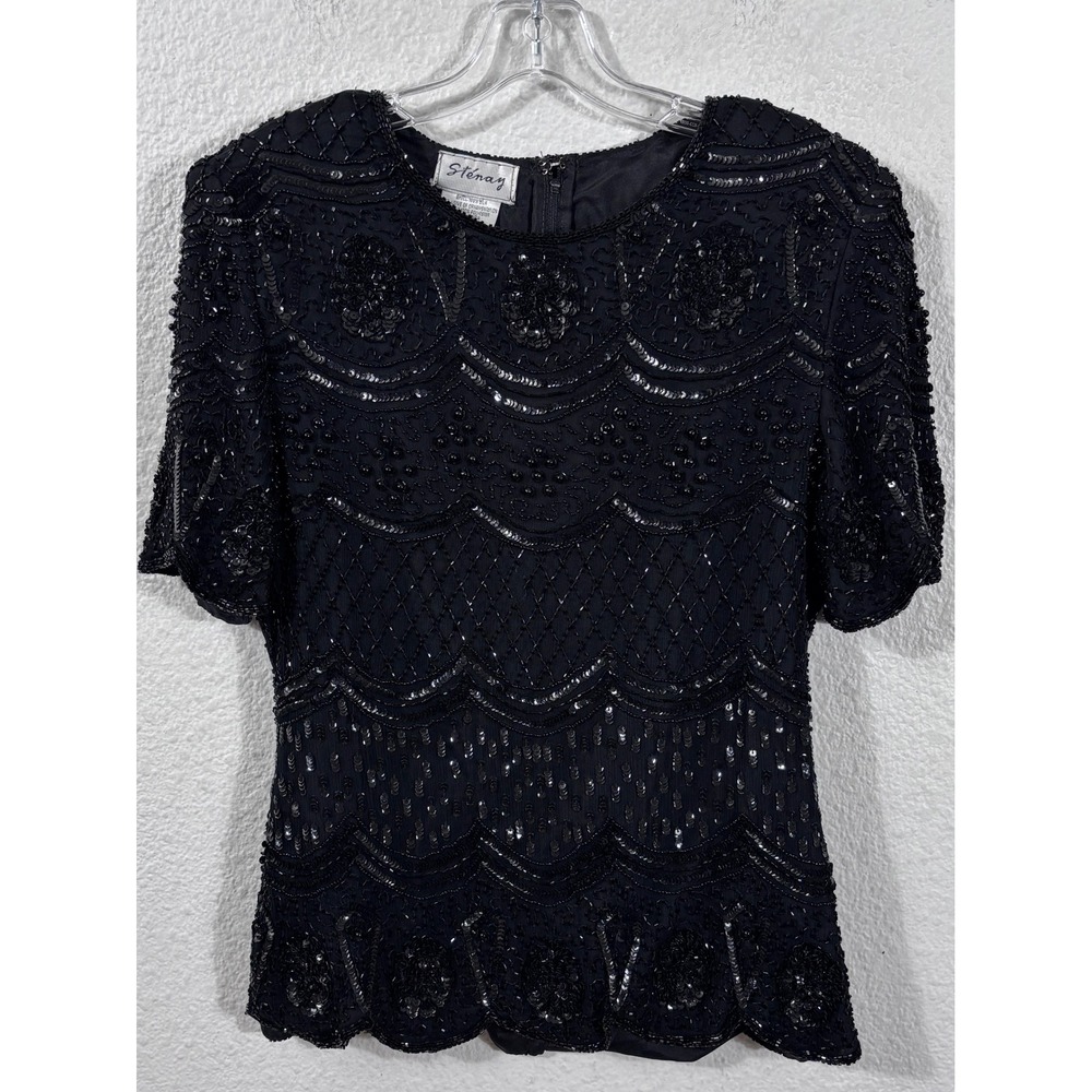 Stenay Beaded Silk Top Medium Black Vintage 90s Art Deco Evening Blouse Y2K